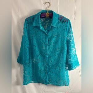 Retro Textured Turquoise Semi Sheer Floral Oversized Boho Button Down Women’s M